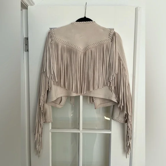 Zara Woman Beige Faux Suede Fringe Crop Jacket - Picture 2 of 3